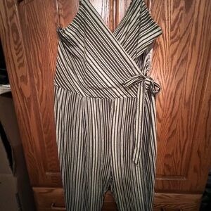 Derek Heart Khaki Green and White Striped Jumpsuit